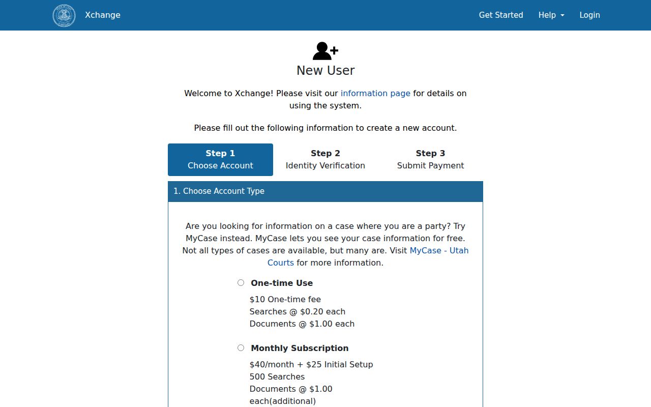Utah Courts XChange registration and pricing page
