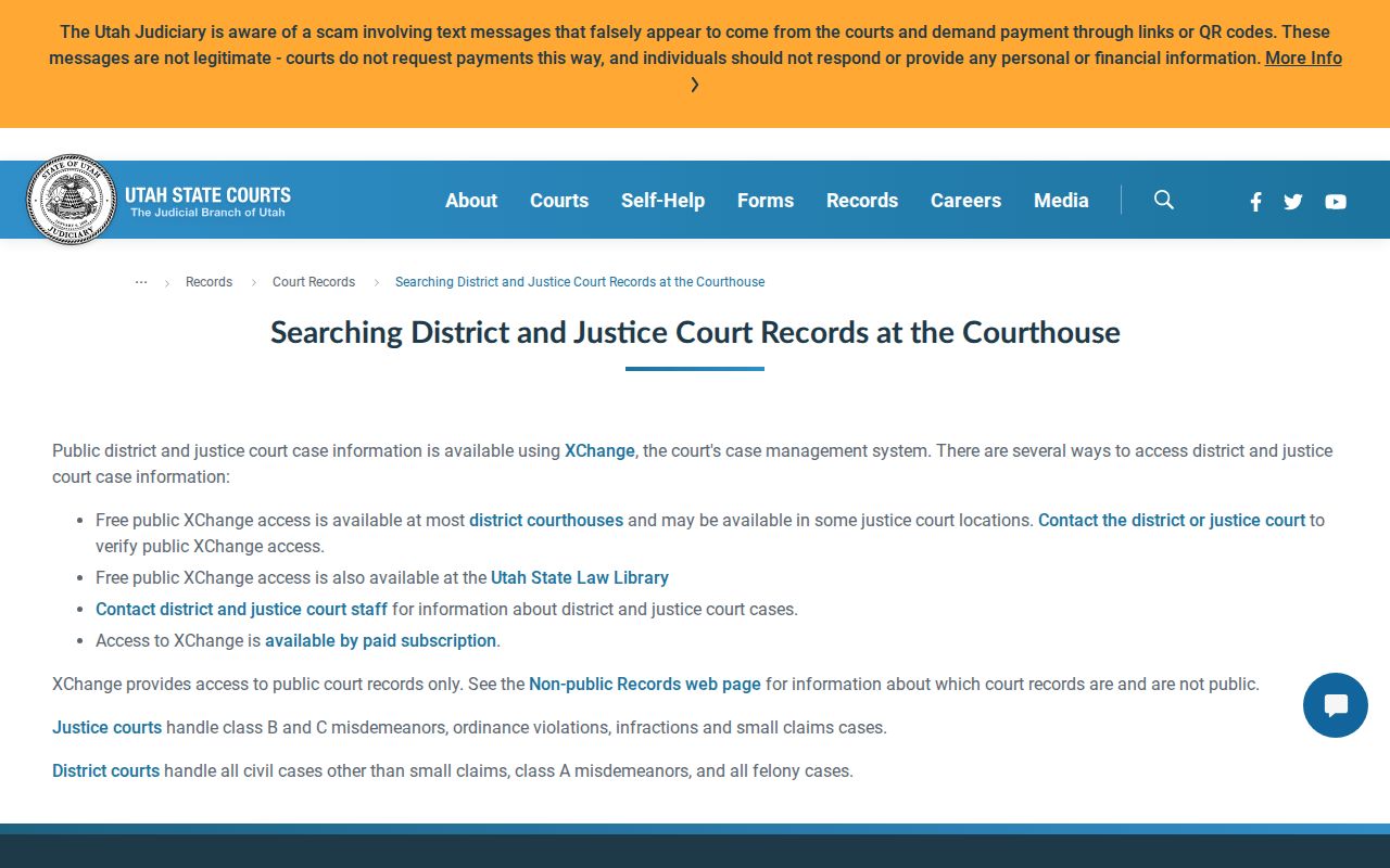 Utah Courts page describing free courthouse CORIS access