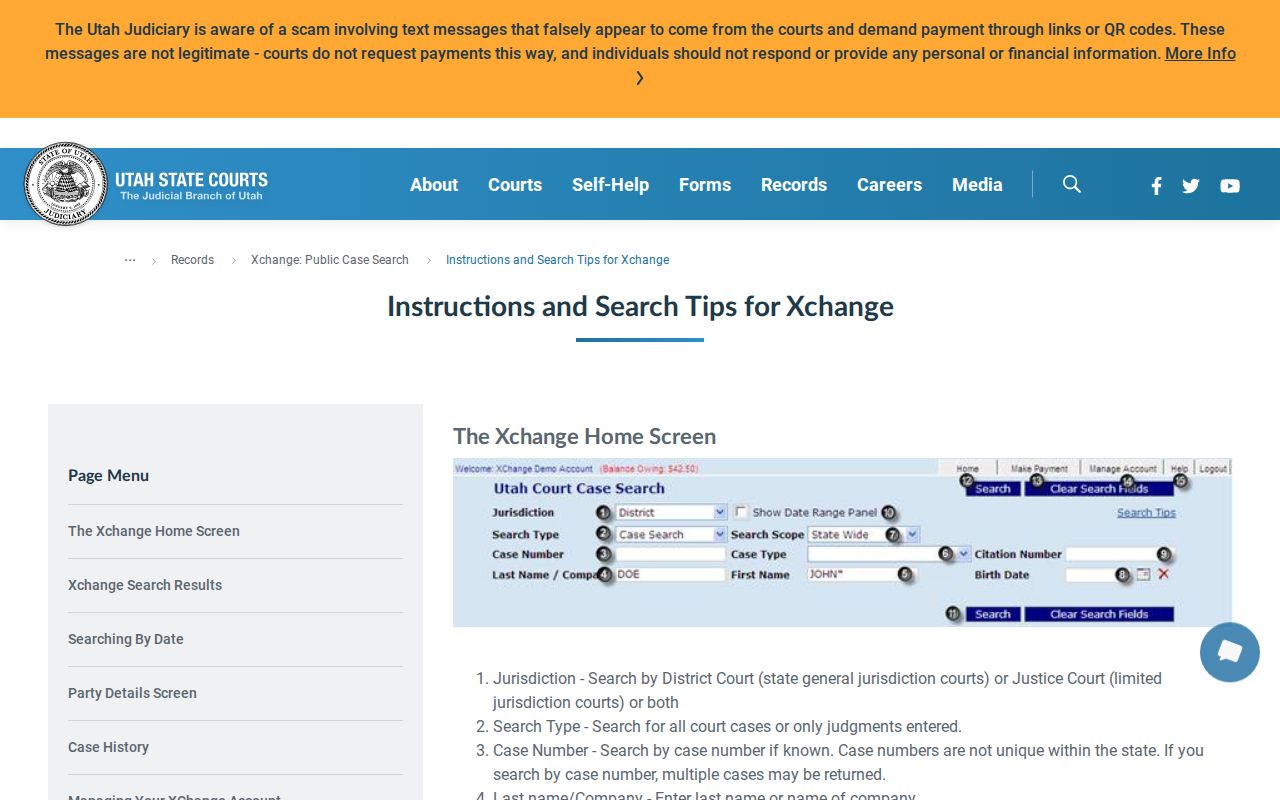 Utah Courts XChange help screen with case search guidance