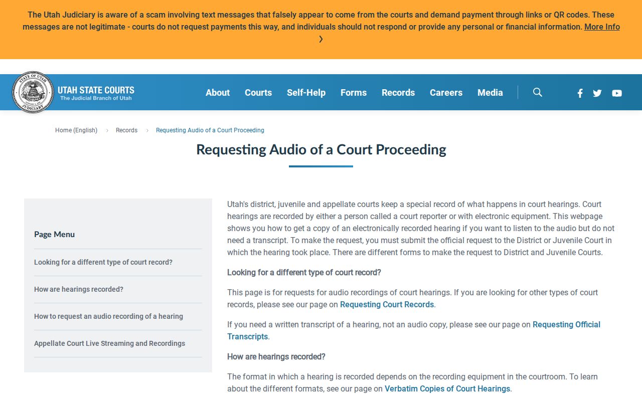 Utah Courts hearing recording and transcript request page