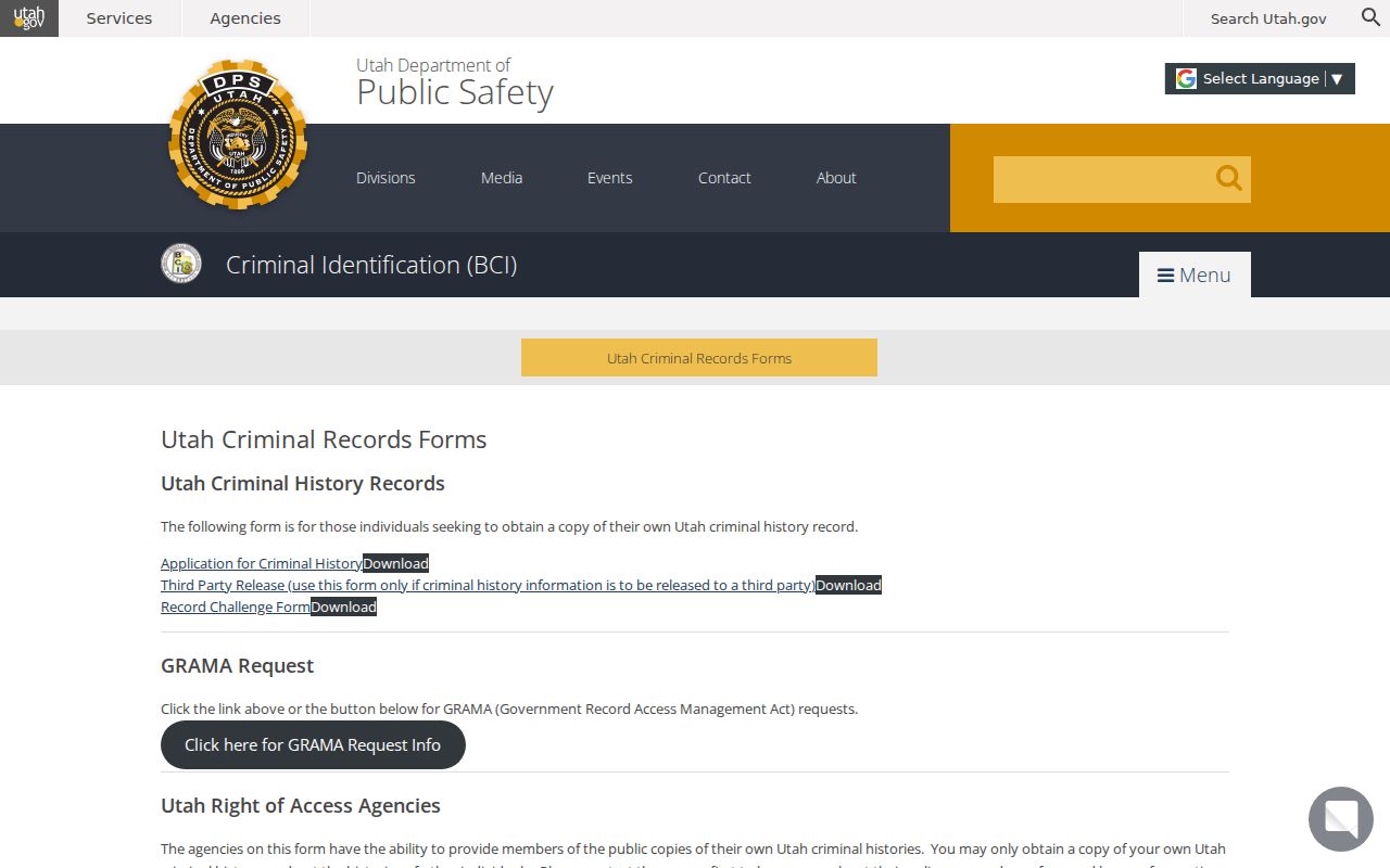 Utah BCI criminal records forms and challenge resources