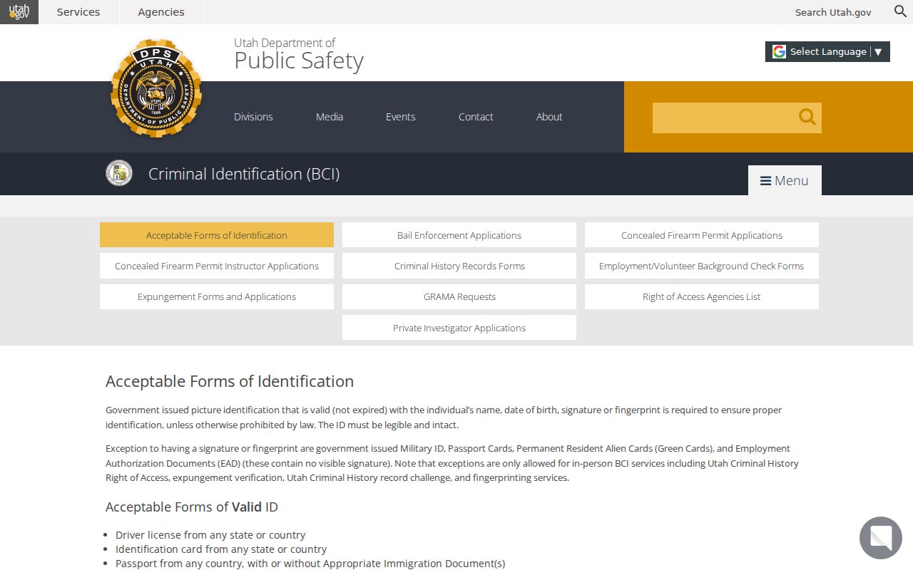 Utah BCI acceptable identification requirements