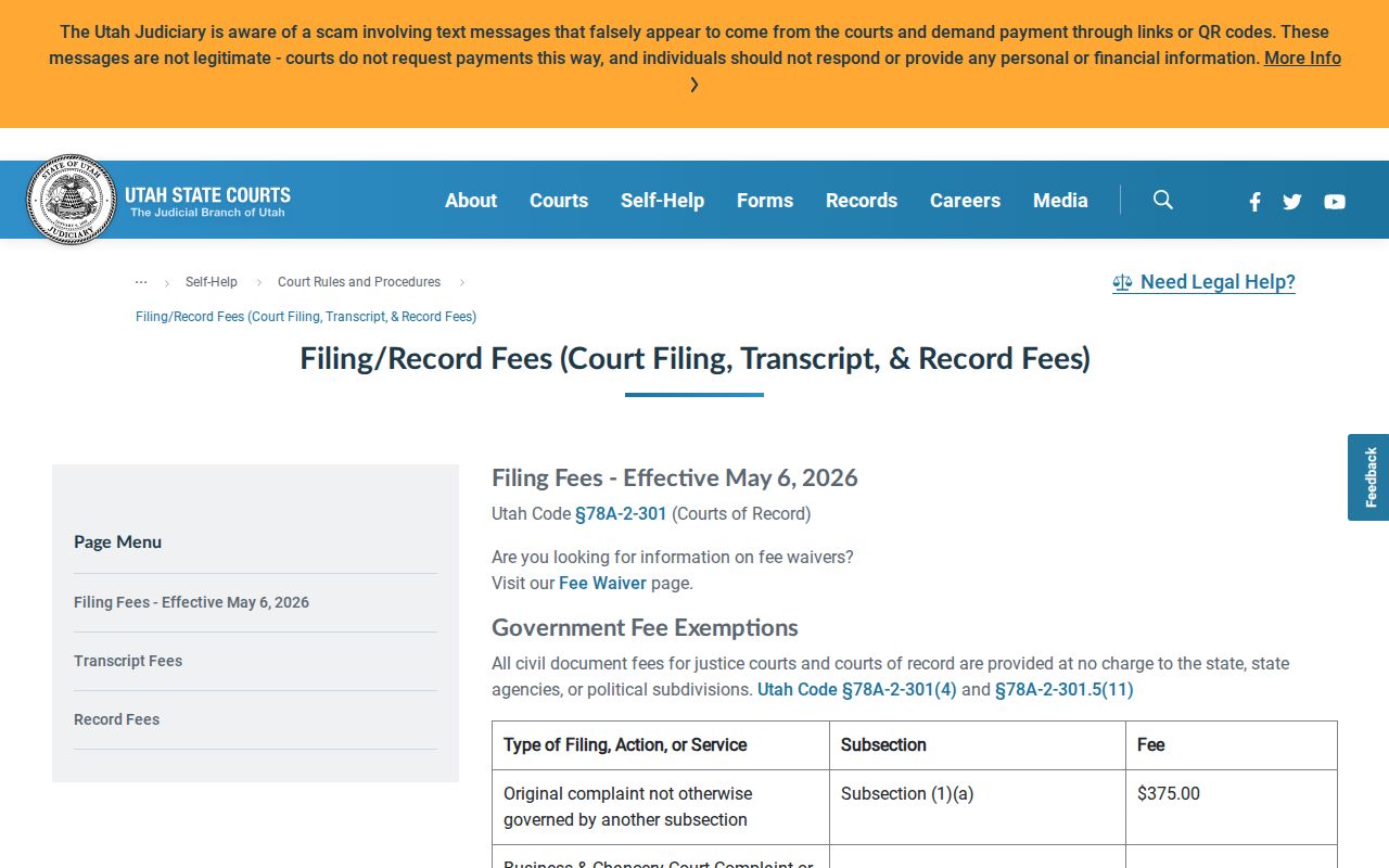 Utah Courts official filing and records fee information