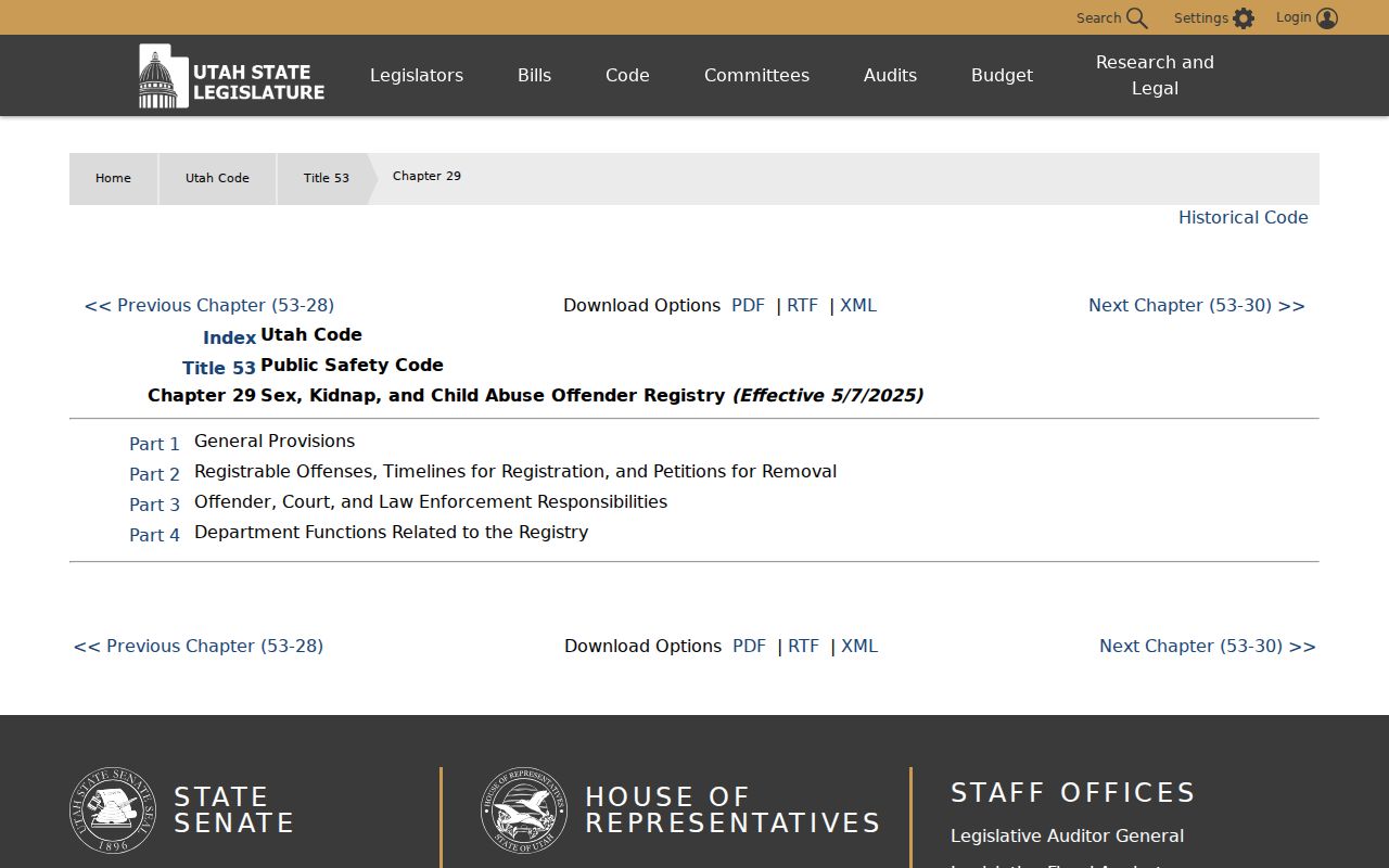 Utah Legislature Title 53 Chapter 29 registry law index