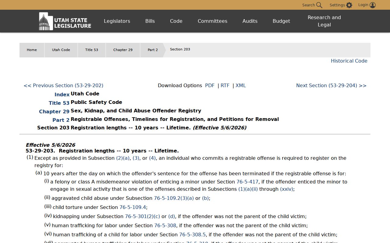 Utah registry law showing ten-year and lifetime registration periods