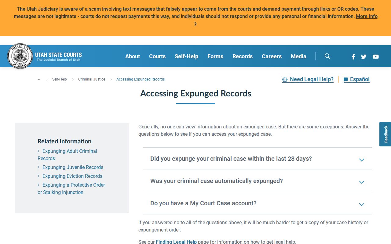 Utah Courts instructions for accessing an expunged case