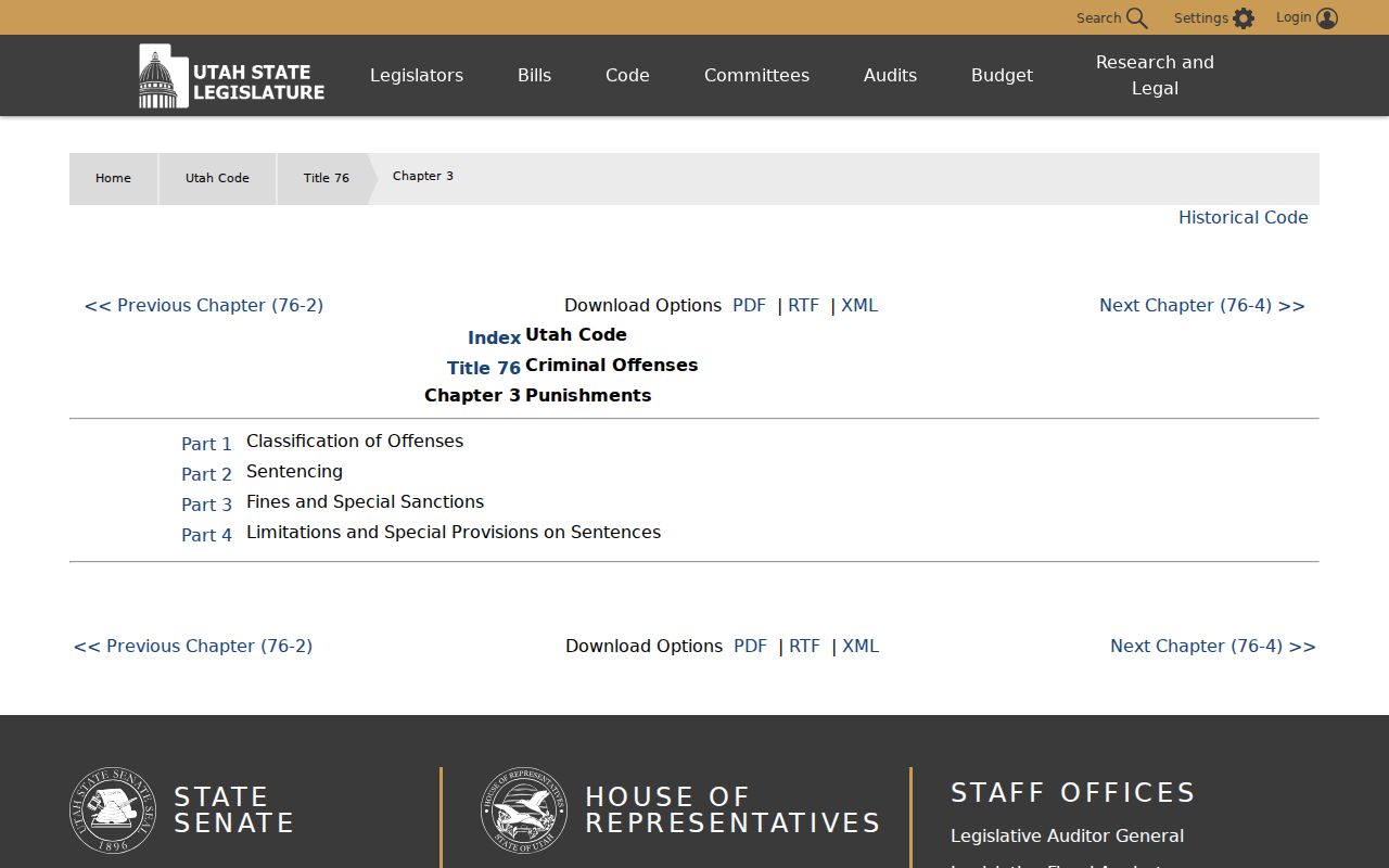 Utah Legislature criminal punishment and classification chapter