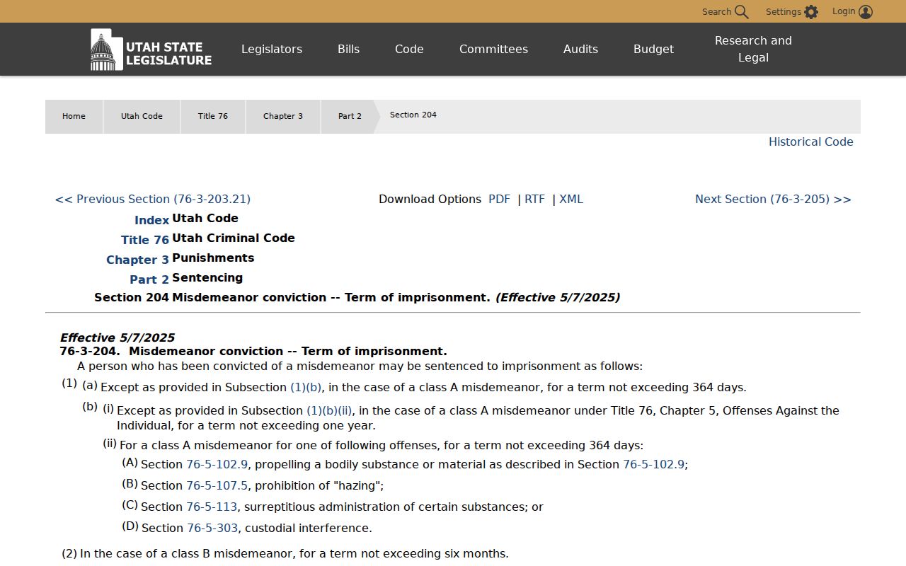 Utah Legislature page for misdemeanor imprisonment limits